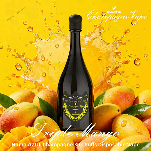 Black champagne-style vape bottle with a gold crest label reading 'Champagne Vape' centered among ripe mangoes and a bright yellow mango-splash background, with the caption 'Triple Mango'.