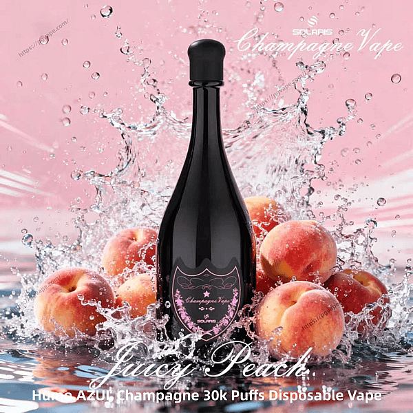 Black champagne-bottle-shaped disposable vape with a pink decorative label centered among splashing water and ripe peaches against a pink backdrop, with 'Juicy Peach' branding visible