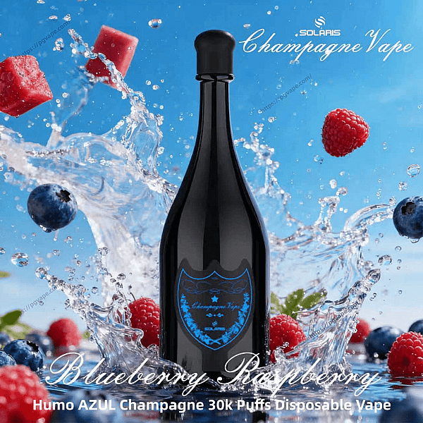 Glossy black champagne-bottle shaped disposable vape with a blue crest label, surrounded by splashing water and scattered blueberries and raspberries against a bright sky, overlaid with stylized 'Champagne Vape' and 'Blueberry Raspberry' text.