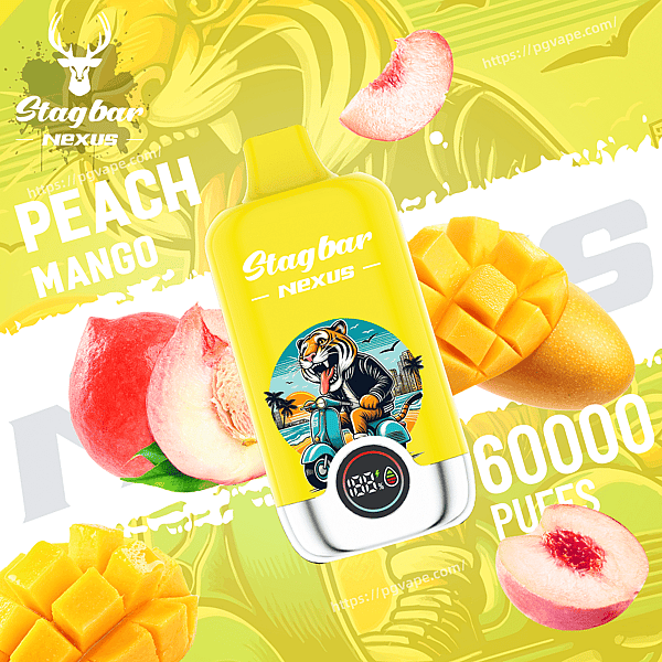 Bright yellow Stagbar Nexus vape bottle with a tiger on a scooter, peaches and mangoes, 6000 puffs.