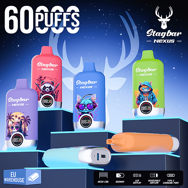 60 Puffs Stagbar Nexus bottles with playful animal art on blue podiums, a blue USB-C device, and an orange sex toy in front.