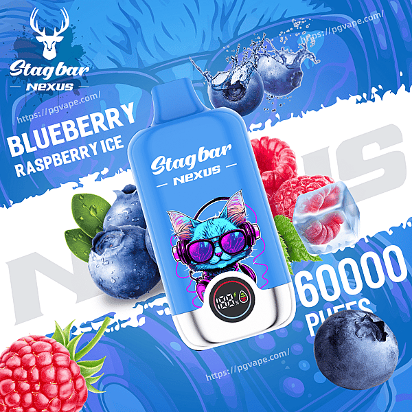 Blueberry Raspberry Ice Stagbar Nexus vape juice bottle with a blue cat in sunglasses, framed by blueberries and raspberries.