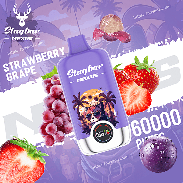 Purple Stagbar Nexus vape bottle with tropical sunset illustration and a sunglasses-wearing cat, amid strawberries and grapes.