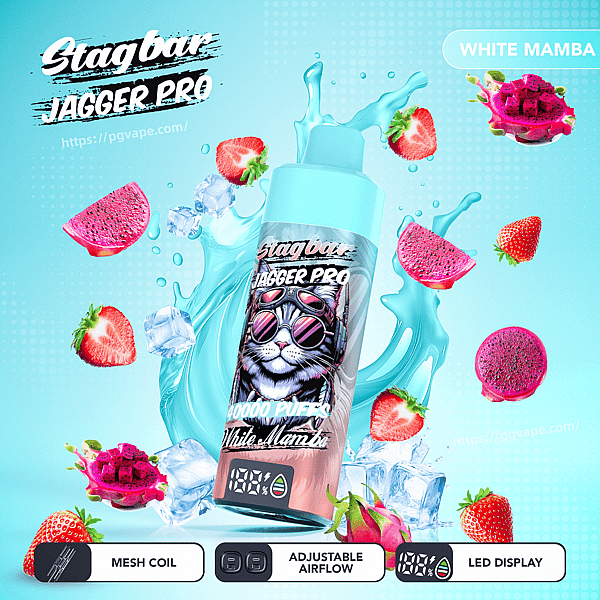 Turquoise Stagbar Jagger Pro vape bottle with a cat wearing sunglasses, surrounded by ice and fruit on a blue background.