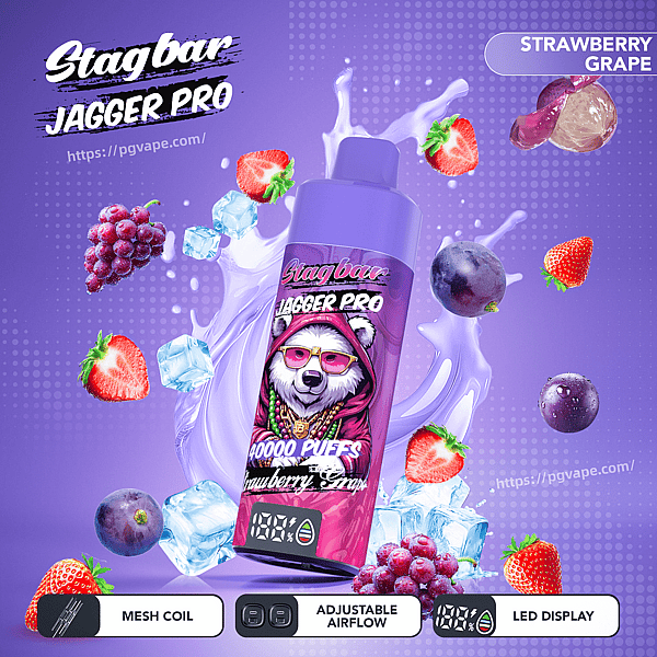 Purple Stagbar Jagger Pro vape bottle with strawberry-grape flavor, surrounded by ice and berries on a purple background.