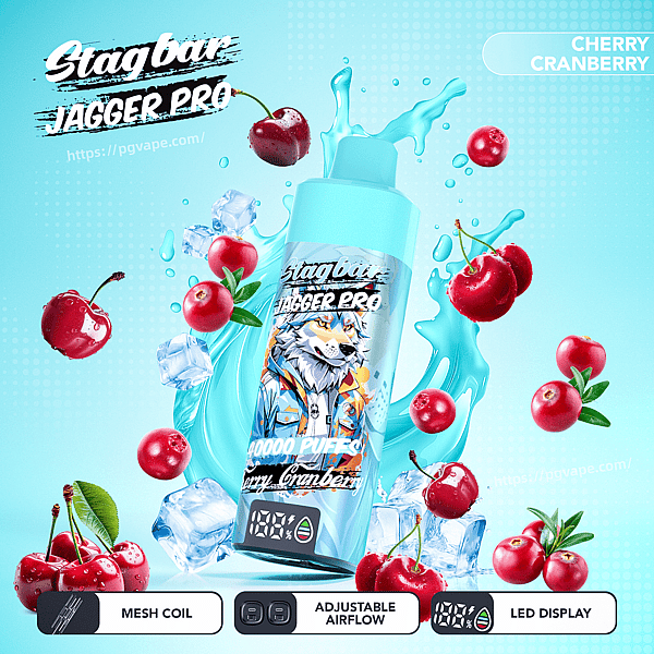 Blue vape bottle with wolf artwork labeled Stagbar Jagger Pro, surrounded by cherries and ice, Cherry Cranberry flavor.