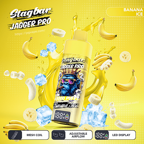 Stag Bar Jagger Pro Banana Ice vape bottle with blue crowned gorilla label, surrounded by bananas and ice.