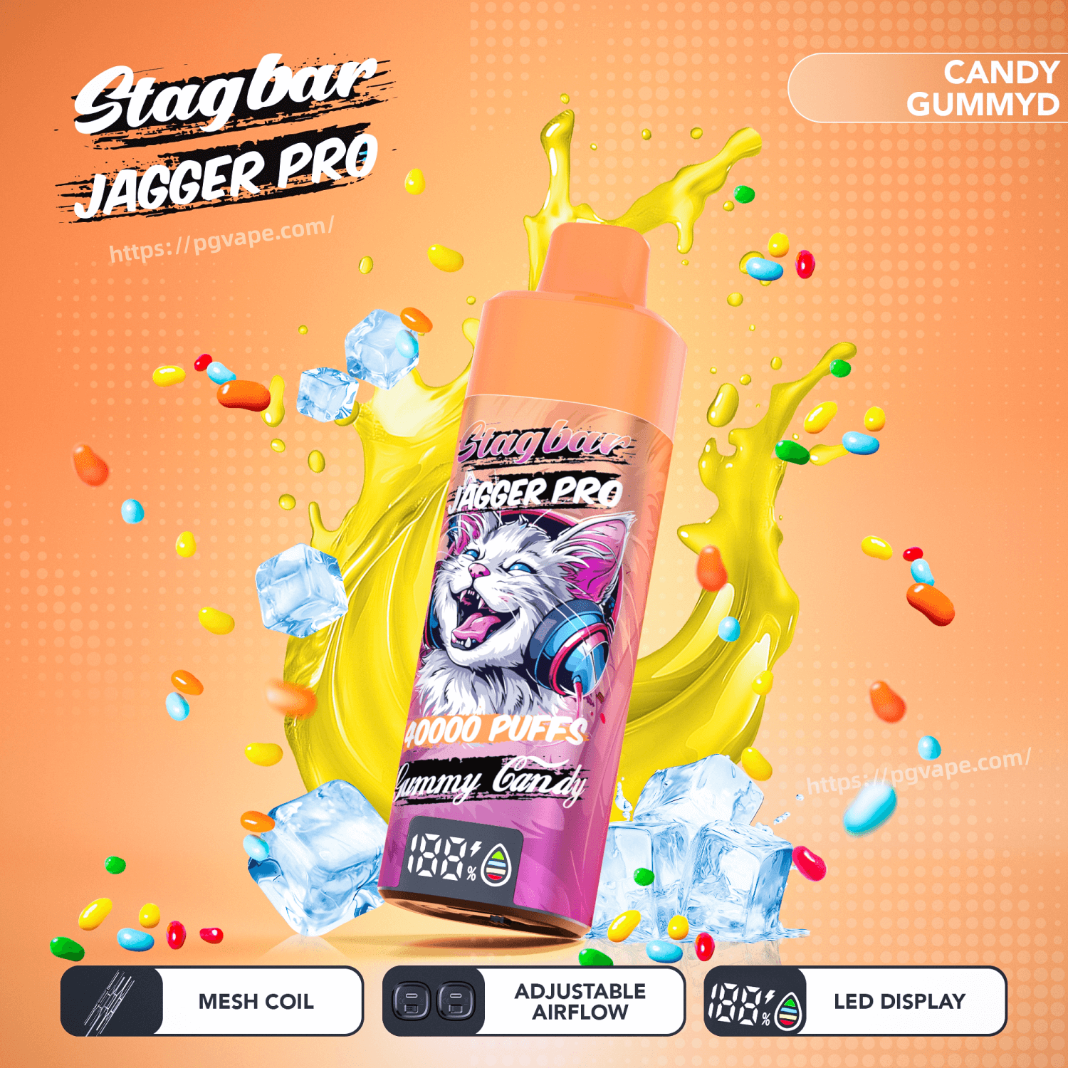Stag Bar Jagger Pro vape bottle with snarling white cat, yellow splash, ice cubes and colorful candies on orange backdrop.