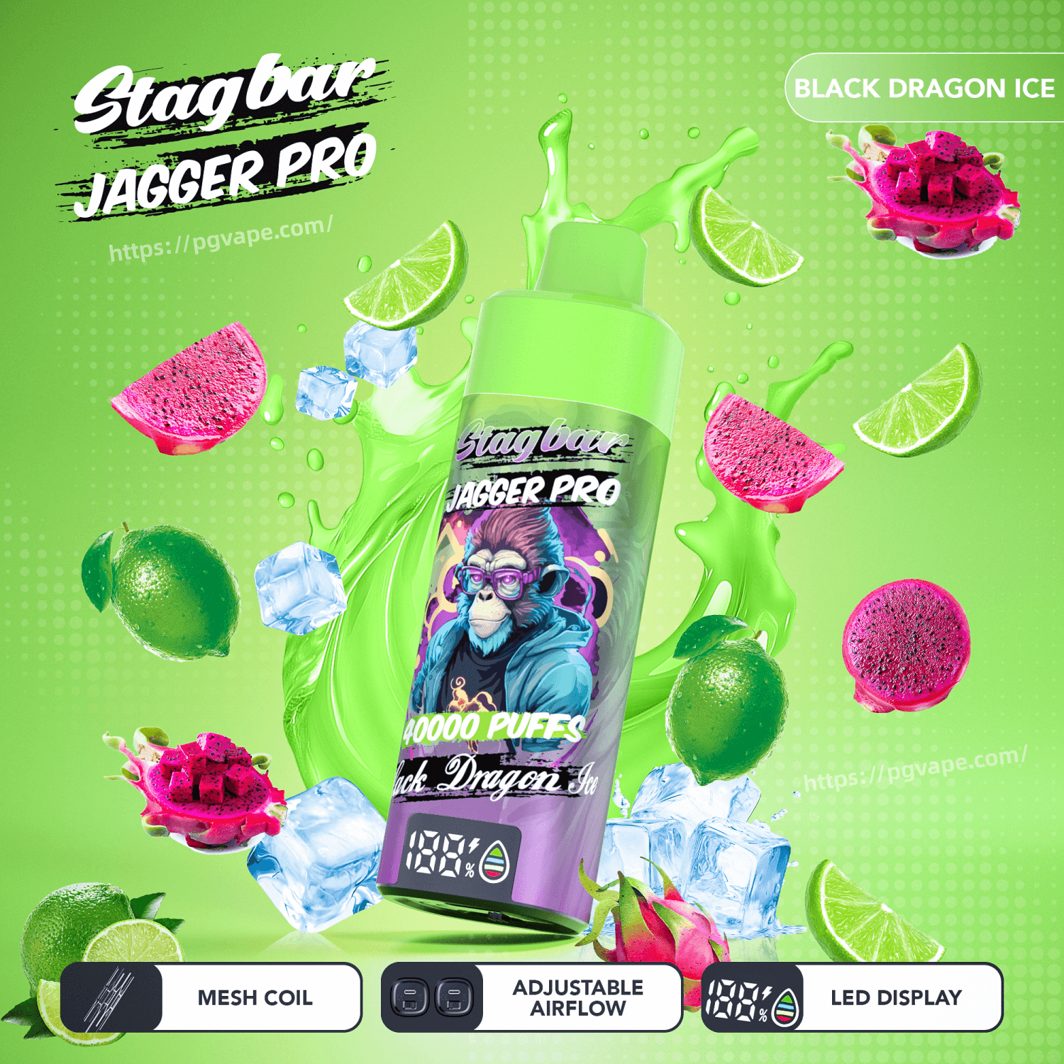 Green vape bottle labeled Stagbar Jagger Pro with a cartoon ape on the label, amid lime slices, dragon fruit and ice.
