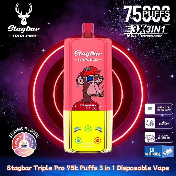 Stagbar Triple Pro disposable vape, pink to yellow with a cartoon monkey in sunglasses, Strawberry Ice flavor, neon backdrop.