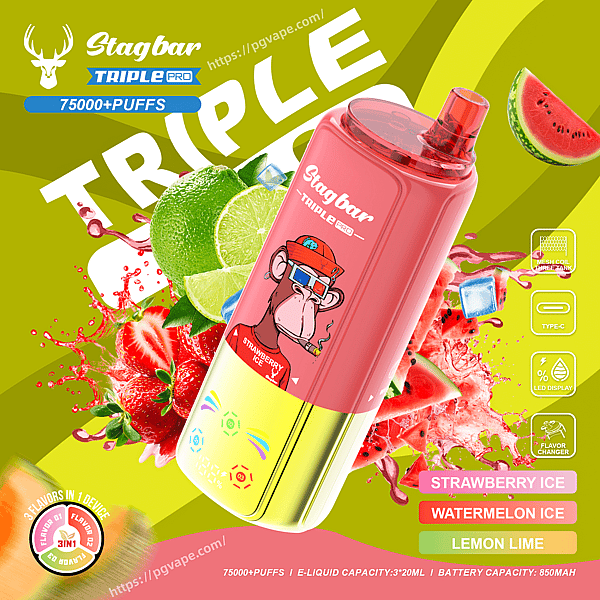 Pink gradient vape bottle labeled Stagbar Triple Pro with a cartoon monkey; strawberry ice flavor amid lime and berry imagery.