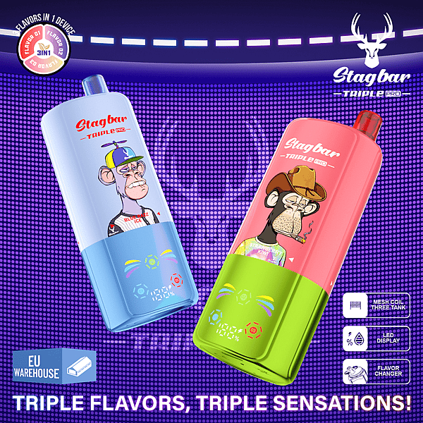 Two Stagbar Triple Pro disposable vapes, blue and pink-green, with cartoon characters, on a purple dotted background.