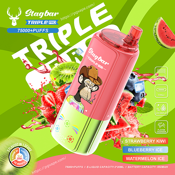 Stagbar Triple Pro vape with a pink bottle and cartoon monkey, on a lime-green background with fruit splashes and flavors Strawberry Kiwi, Blueberry Ice, Watermelon Ice.