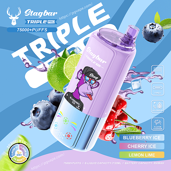 Purple Stagbar Triple Pro vape bottle with a cartoon monkey logo on a blue background, featuring Blueberry Ice, Cherry Ice, and Lemon Lime.