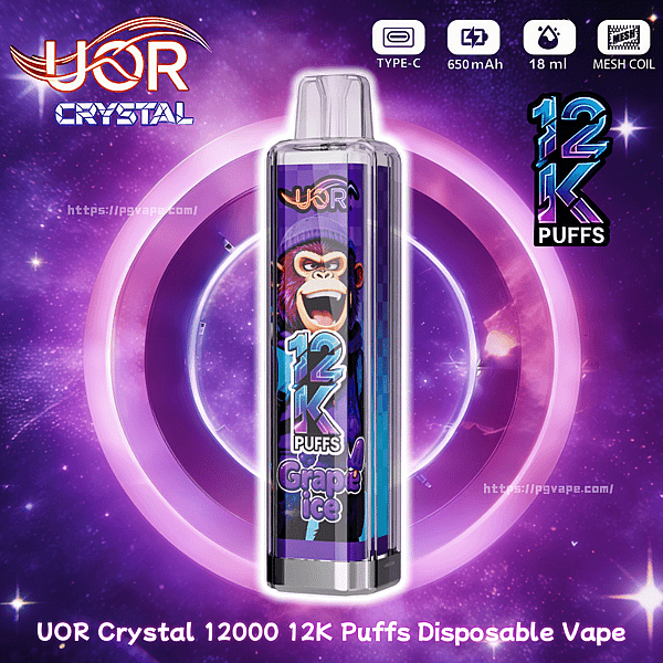 Purple space ad for UOR Crystal 12K Puffs disposable vape, transparent device with a monkey graphic and Grape Ice label.