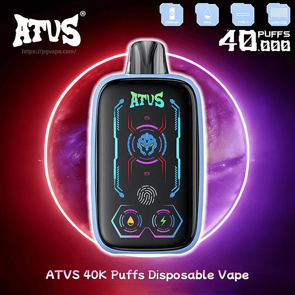 ATUS 40K Puffs disposable vape device with a black panel displaying neon blue and purple circuitry graphics, blue frame, and a glowing ring background.