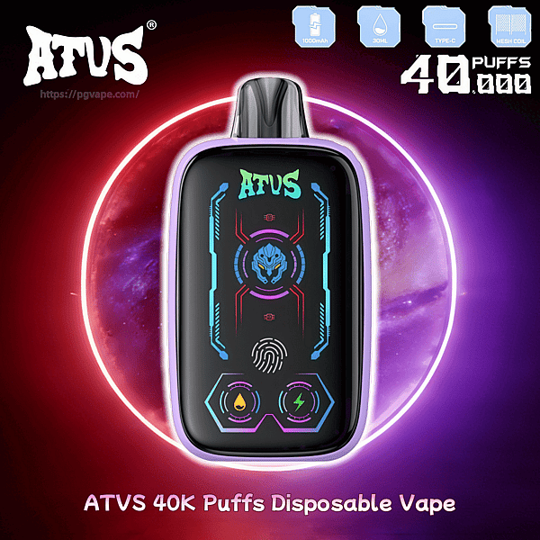 ATVS 40K Puffs disposable vape device with a purple frame and neon blue-pink futuristic graphics on a black screen.