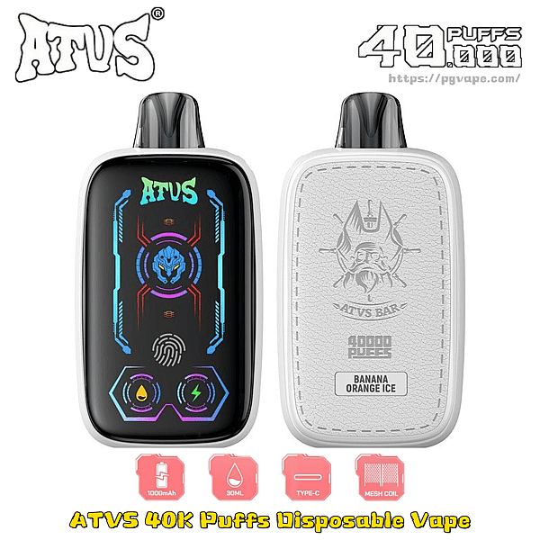 Disposable vape front and back: black device with UI on the front and white textured back with ATVS Bar logo, Banana Orange Ice, 40K puffs.