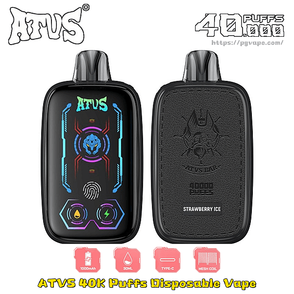 Front and back views of a black ATVS 40K Puffs disposable vape with neon UI and Strawberry Ice flavor