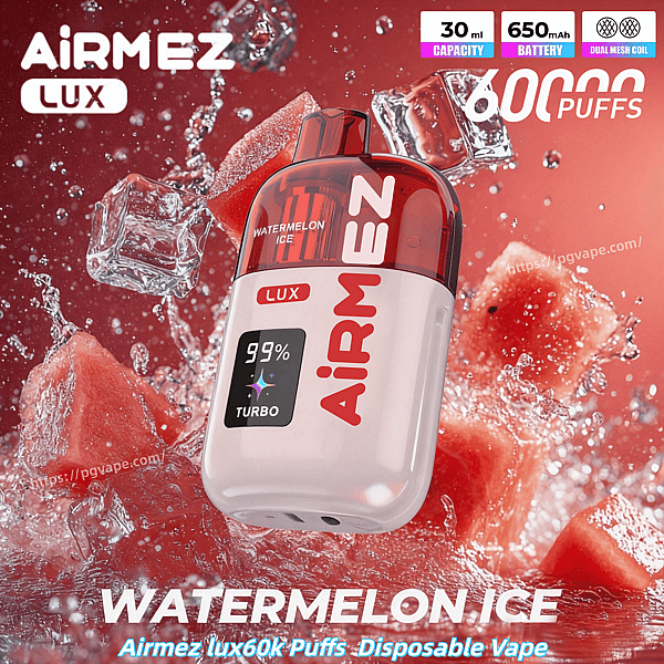 Disposable vape device Airmez Lux Watermelon Ice, red cap and white body, surrounded by ice and watermelon pieces.