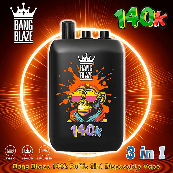 Black Bang Blaze disposable vape with a colorful monkey wearing sunglasses, crown logo, and 140k text on an orange burst background.