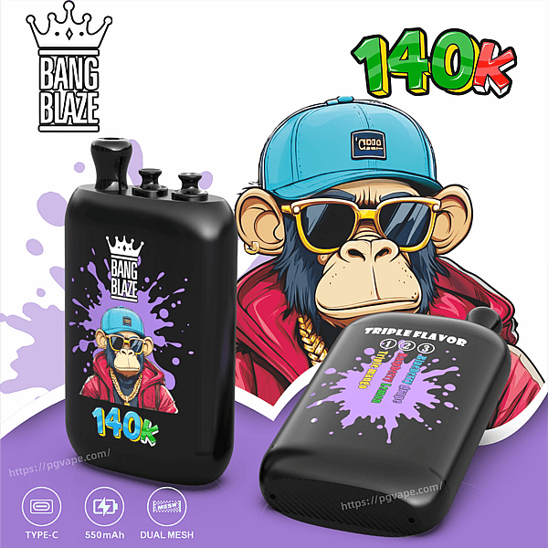 Cartoon monkey wearing a blue cap and sunglasses beside two black vape mods with purple splash designs and 140k label.