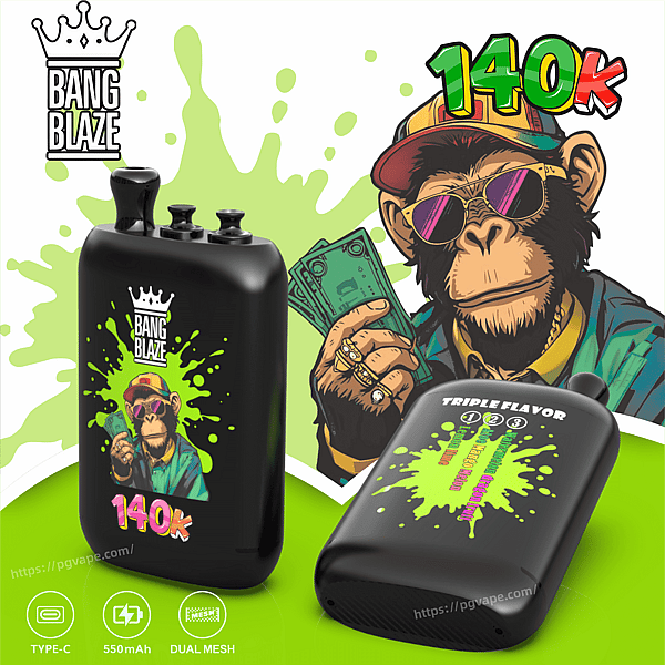 Two black Bang Blaze vapes with lime splat art; left features a cash-holding monkey and 140K, right promotes Triple Flavor.