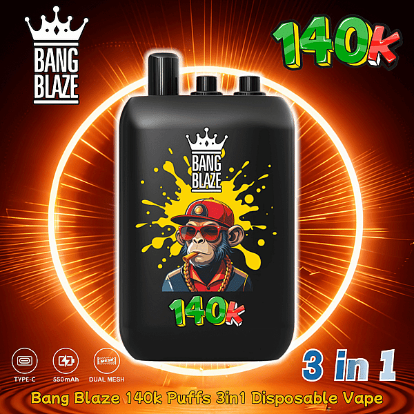 Black Bang Blaze disposable vape with a label featuring a cartoon character wearing a red cap, crown logo, and 140k Puffs.