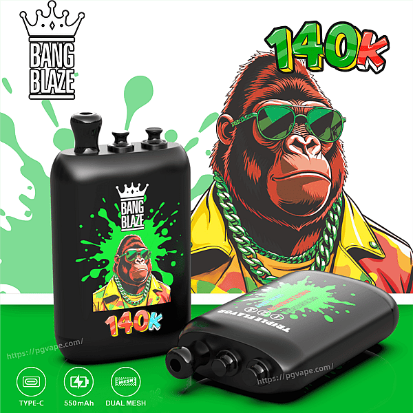 Gorilla wearing green sunglasses and a yellow jacket with a green chain, beside a black vape mod labeled 140K with lime splash graphics.