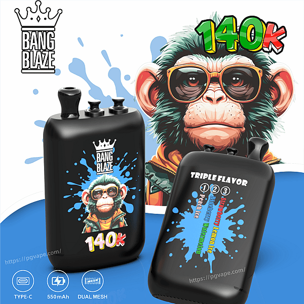 Two black Bang Blaze vape pods with blue splash graphics; one shows 140K and a cartoon monkey, the other shows Triple Flavor.