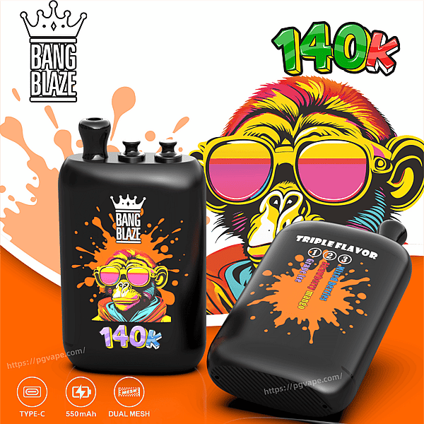 Two black Bang Blaze vape devices with orange splash art, a colorful monkey in pink sunglasses, and 140K branding.