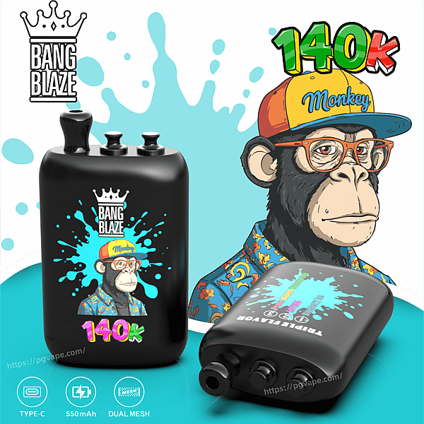 Bang Blaze vape mod with splash graphic and 140k badge, plus a cartoon monkey in shirt with blurred face on teal background