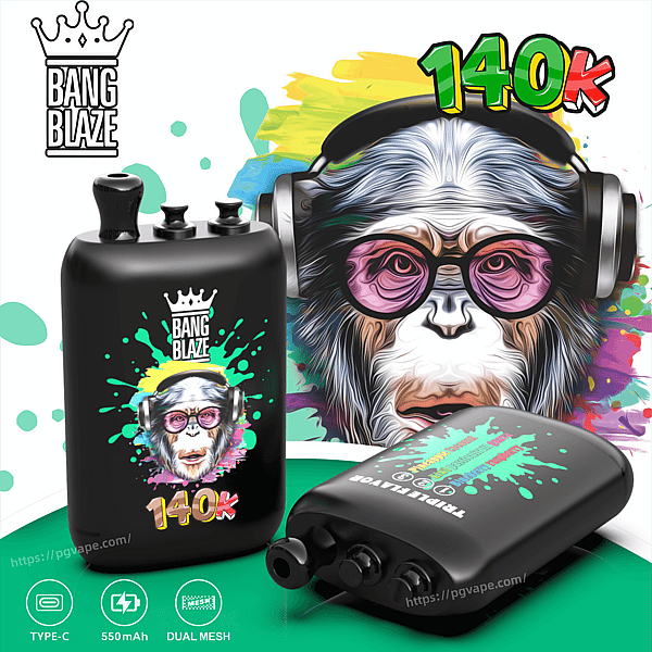Bang Blaze 140k promo showing a black bottle-style pod and a black battery with colorful paint-splash art and a blurred central panel.