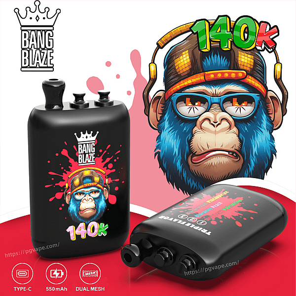 Bang Blaze 140k vape banner with a black pod battery, splash art, and headset graphic.