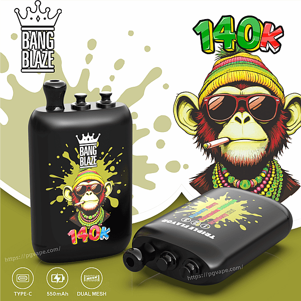 Black Bang Blaze vape device with a colorful monkey graphic and 140k label, shown in multiple angles.