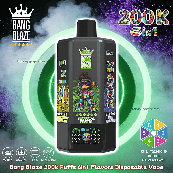 Bang Blaze 200k Puffs 6in1 disposable vape bottle with a cartoon monkey on the label, set against a bright neon green ring.