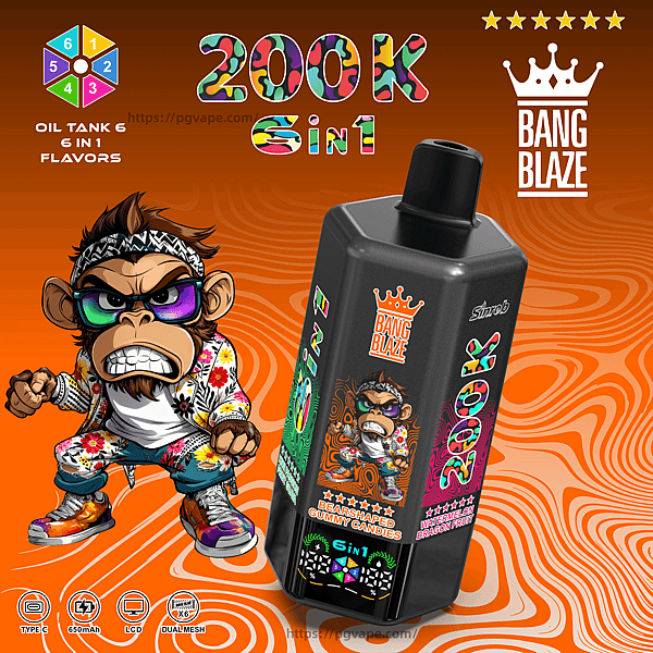 Black Bang Blaze vape bottle with colorful graphics beside a cartoon monkey on an orange background, labeled 200K Sin1.