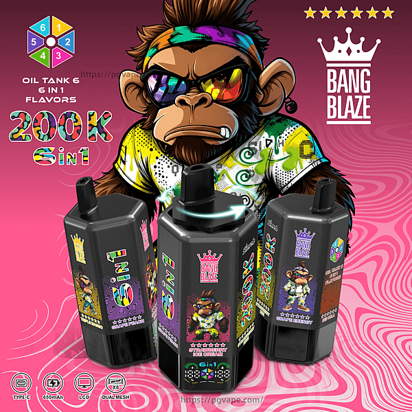 Cartoon monkey with a rainbow bandana and sunglasses, beside four black vape tanks with colorful labels on a pink background.