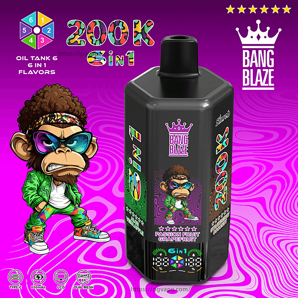 Vibrant purple-pink Bang Blaze vape ad with a large black bottle, a cartoon monkey mascot, and Passion Fruit Grapefruit flavor