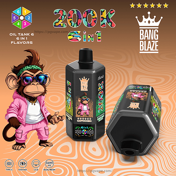 Black 6-in-1 vape bottle with Bang Blaze logo and a colorful cartoon monkey in pink, set against an orange swirled background.