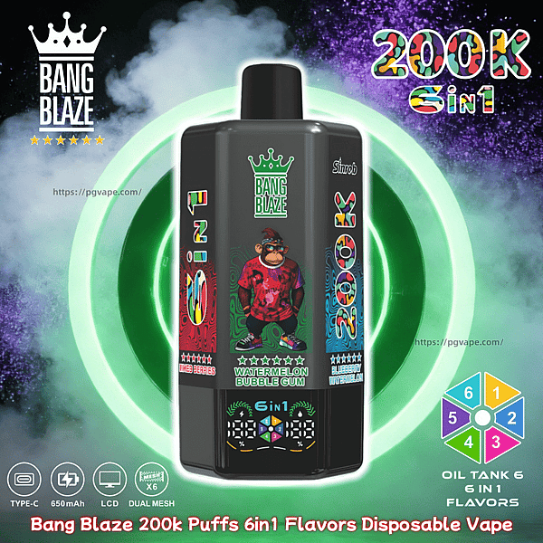 Bang Blaze disposable vape bottle with a cartoon gorilla label, 200k puffs and 6in1 flavors, shown with neon green rings.
