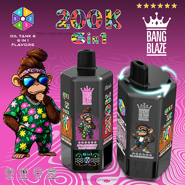 Two black Bang Blaze bottles with a tropical monkey in a floral shirt against a pink background, highlighting 6-in-1 flavors.