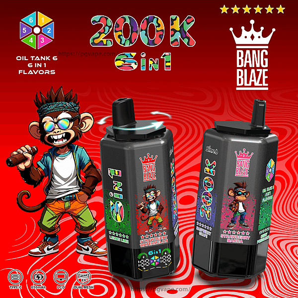 Two black Bang Blaze vape bottles with a cartoon monkey mascot on a red swirl background, featuring 200K 6-in-1 branding.