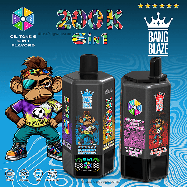 Two black oil-tank vape bottles with colorful labels and a cartoon monkey mascot, Bang Blaze branding, and 6-in-1 flavors.