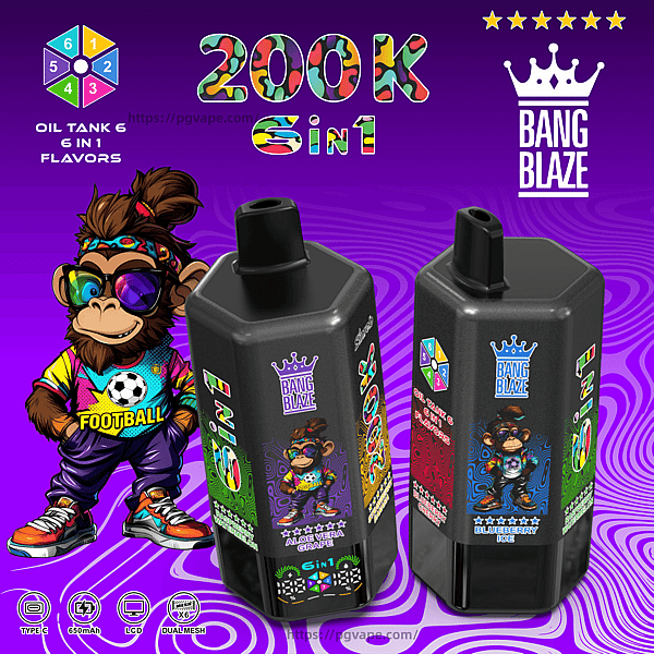 Two black 6-in-1 vape pods with colorful labels and a cartoon monkey wearing sunglasses on a purple patterned background.
