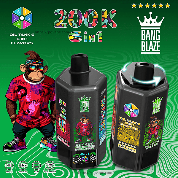 Two dark gray 6-in-1 vape bottles with colorful labels and a cartoon monkey mascot, set against a green swirling background.