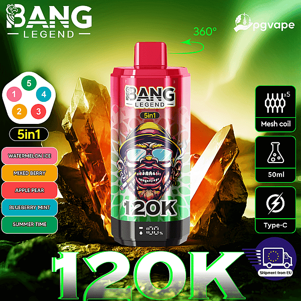 Bang Legend 5in1 vape bottle with pink cap and 120K branding amid crystals; flavors: Watermelon Ice, Mixed Berry.