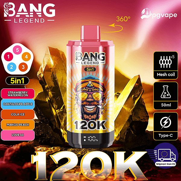 Bang Legend 5in1 vape bottle with pink artwork, 120K label, 50ml capacity, mesh coil icon, Type-C, and EU shipping badge.