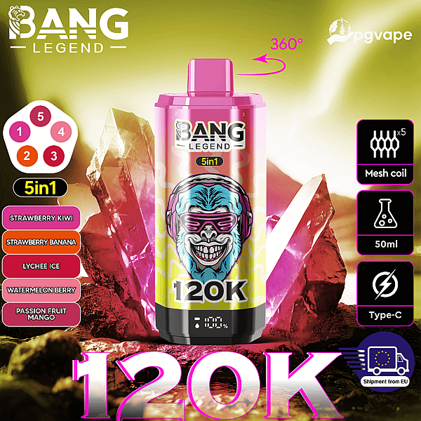 Pink Bang Legend 5in1 vape can with skull art amid crystals; flavors on left, tech icons on right, 120K bottom.