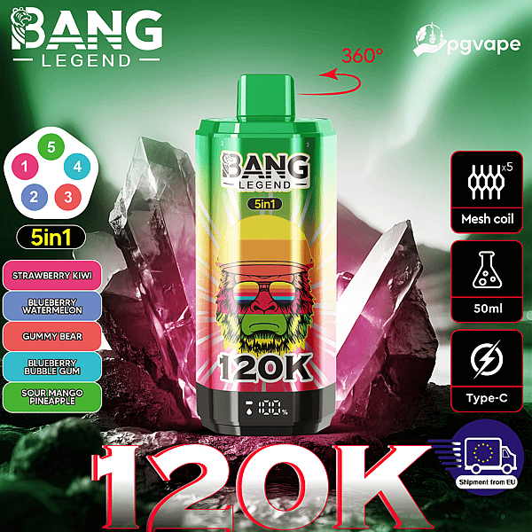Bang Legend 5in1 energy drink can with a rainbow gorilla wearing sunglasses, 120K, set on crystal rocks.